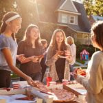 enjoying pizza at a neighborhood get together