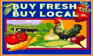 Buy Fresh Buy Local Farmer's Market graphic with veggies and fruit