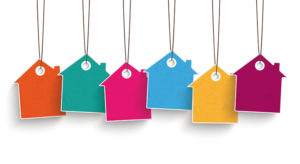 5 colored price sticker houses on the white background. 