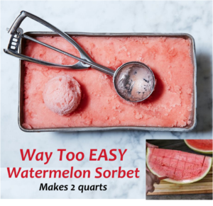 Watermelon Sorbet in a loaf pan with a scooper