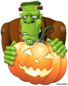 Frankenstien monster holding a jack o lantern