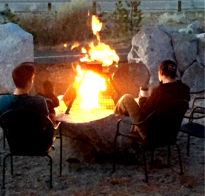 Enjoying coffee by the firepit in the Heart of Meyers at Freel Perk Coffee